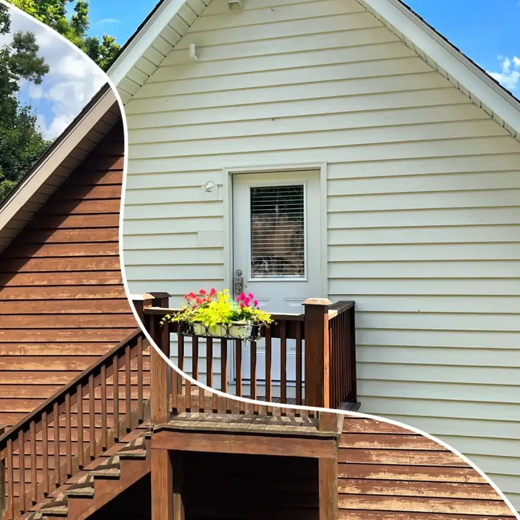 Cream Exterior Siding Winchester WV Cream-painted residential exterior siding with white trim door and dark wood deck railing in Winchester, WV